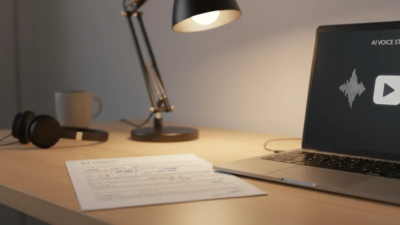 A printed narration script with handwritten editing notes sits beside a laptop displaying an AI voice generation platform.