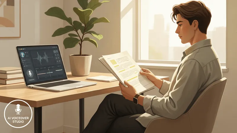 A person at a modern desk reviewing a script on paper while a laptop screen displays an AI voice platform interface.