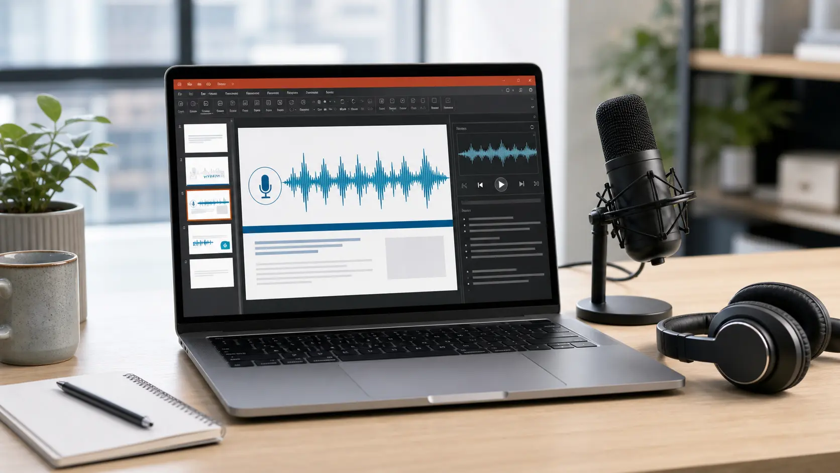 Laptop screen showing audio waveform editing software with a microphone icon, next to a studio microphone and headphones on a desk.