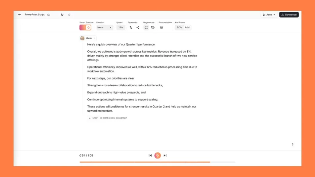 Screenshot of a PowerPoint script editor showing a business presentation text about Q1 performance on a white panel with an orange background.