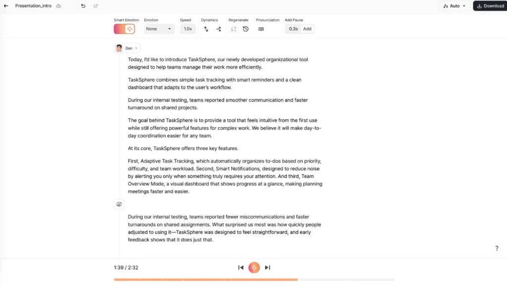 A screenshot of an AI voiceover editing interface displaying a multi-paragraph presentation script for a tool called "TaskSphere," with audio waveform controls and a top editing toolbar.