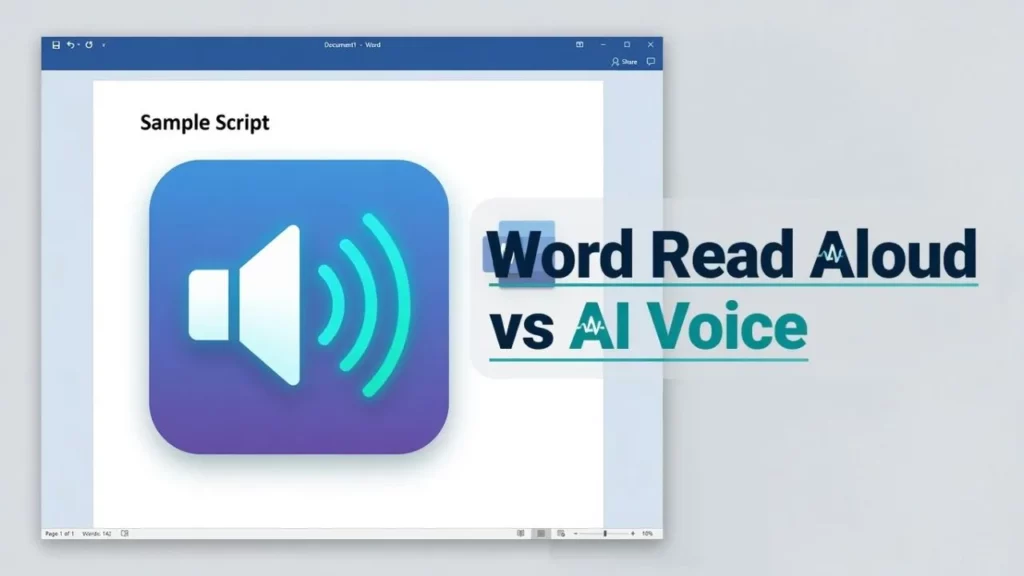 A graphic comparing a blue speaker icon inside a Microsoft Word window titled "Sample Script" with the text overlay "Word Read Aloud vs AI Voice.