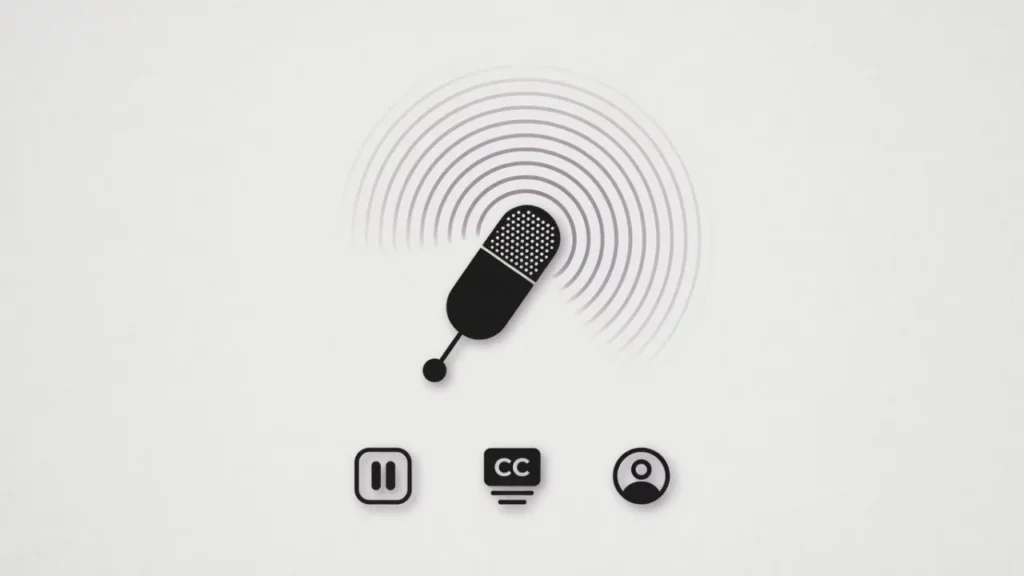 A minimalist graphic featuring a black microphone icon emitting sound waves, positioned above three small functional icons for pause, closed captions, and user profile.