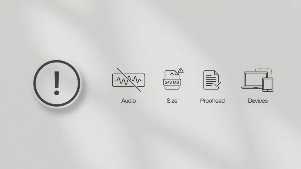 A minimalist infographic displaying a large exclamation mark icon next to four smaller linear icons labeled "Audio" (with a line through it), "Size" (showing 248 MB), "Proofread," and "Devices."