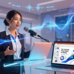 A woman giving a presentation with a laptop and futuristic audio-wave graphics around her.