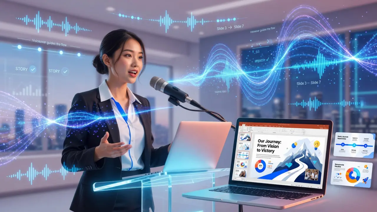 A woman giving a presentation with a laptop and futuristic audio-wave graphics around her.