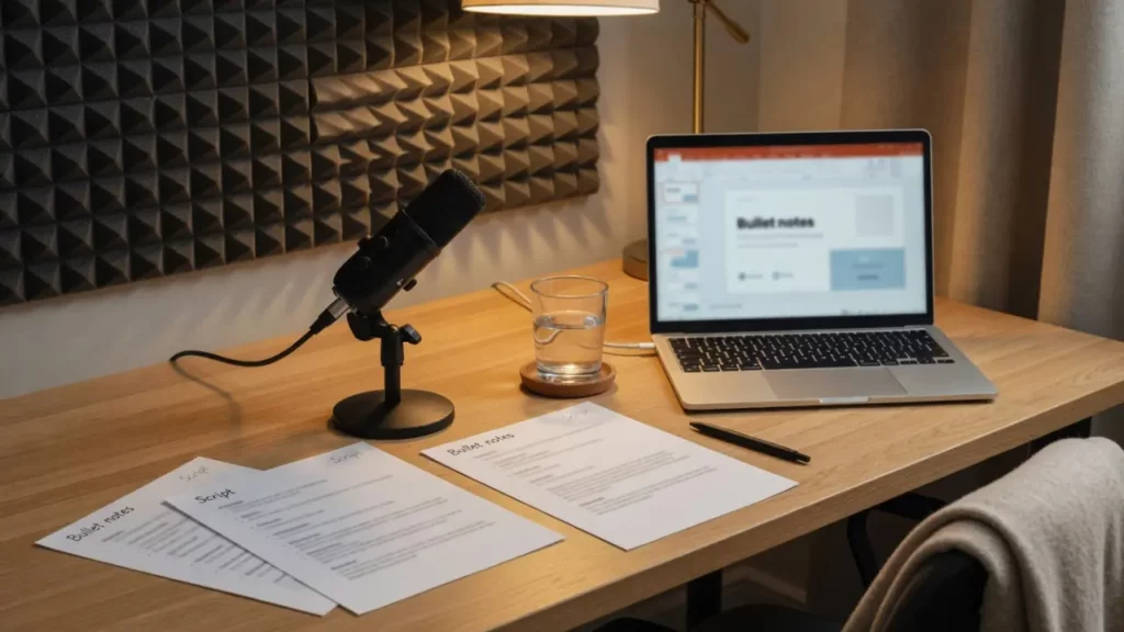 A desk setup with a microphone, laptop, and printed scripts in a sound-treated room.