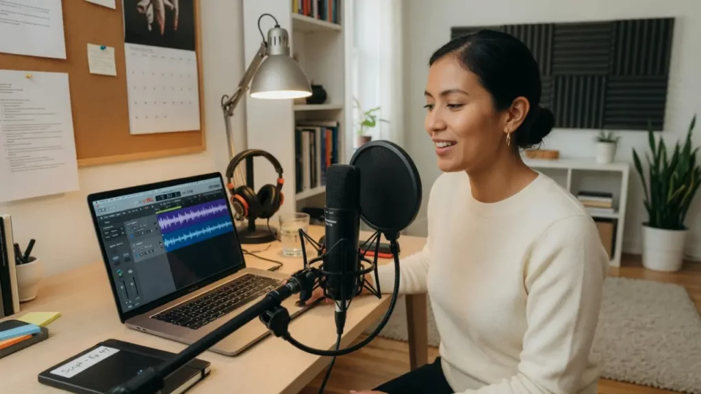 A woman recording audio at a desk with a microphone and a laptop showing audio software.