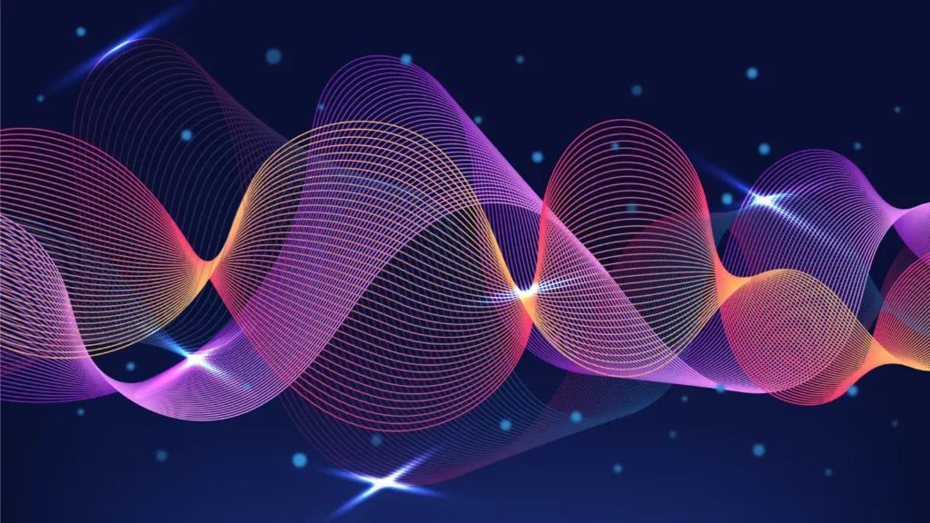 Colorful abstract wave patterns on a dark background.
