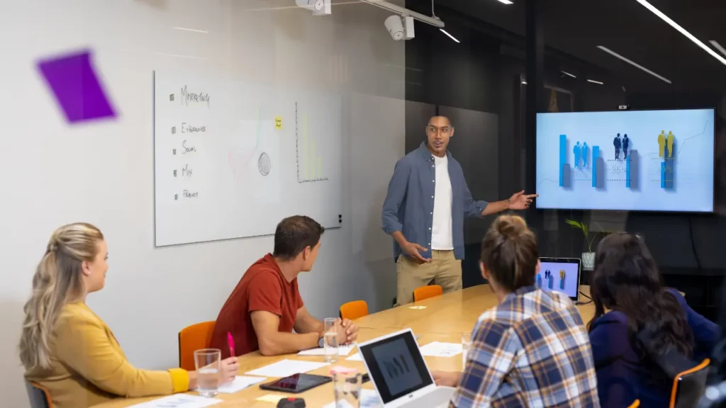 A young man presenting bar graphs on a wall monitor to colleagues seated around a conference table.