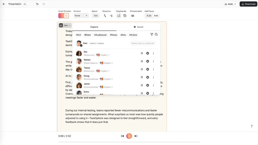 A software interface screenshot showing a pop-up menu with options to select different AI voice avatars for a text presentation.