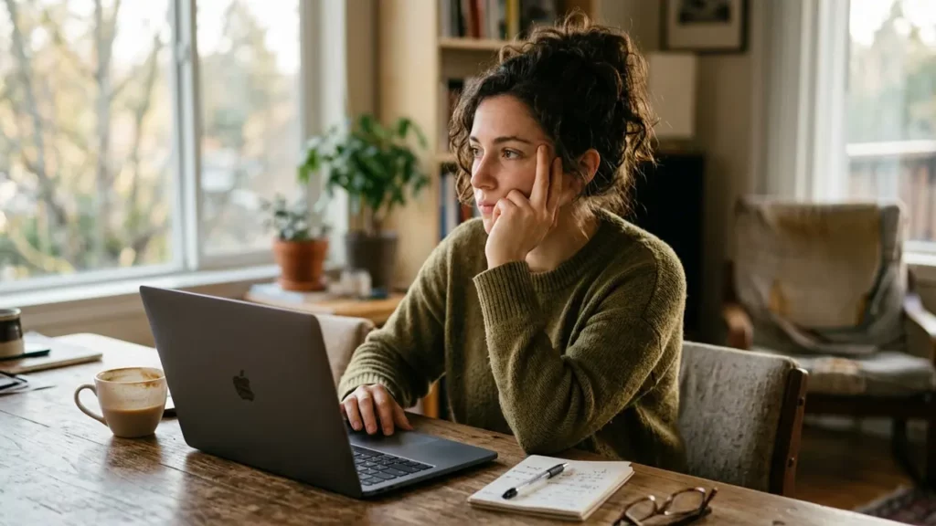 A woman on her laptop thinking about how to choose the right task-automation tools.