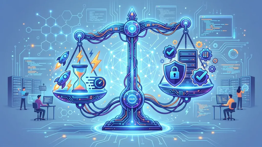 A scale weighing the trade-offs of business automation.