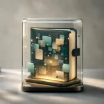 Centered glass cube holding floating note cards and connected ideas on a calm desk.