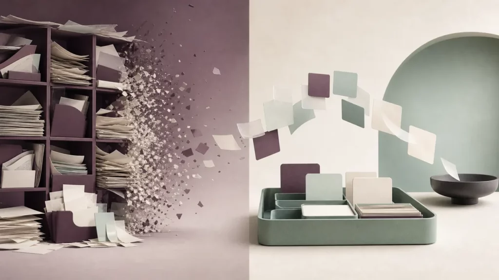 Practical second brain concept shown as reusable note tiles beside an overstuffed archive dissolving away.