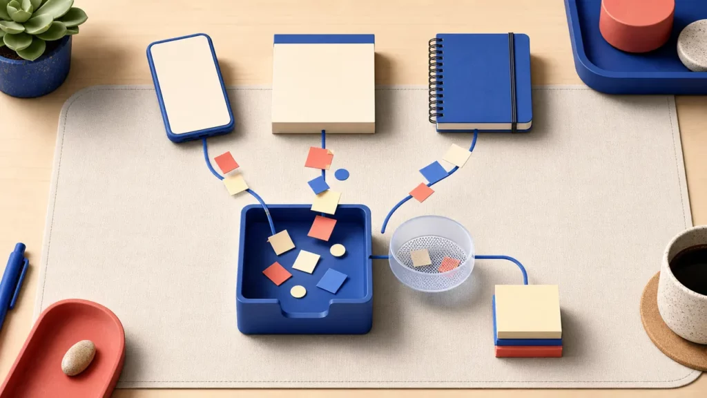 Notes from a phone, desktop pad, and notebook flowing into one central capture inbox.