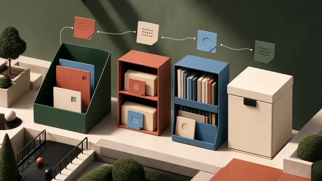 Four organized storage blocks representing active projects, responsibilities, resources, and archives.