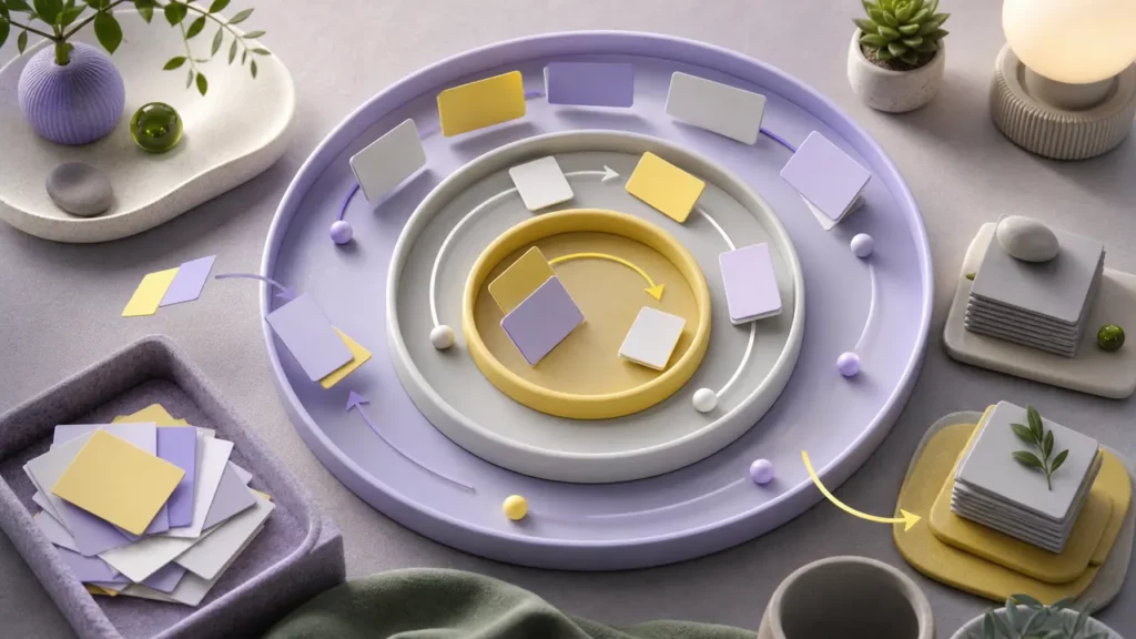 Circular workflow trays showing loose notes moving through daily, weekly, and monthly review rhythms.