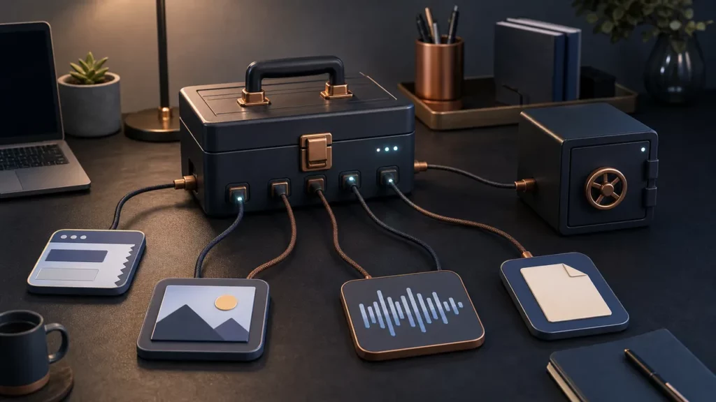 Reliable notes hub connected to media tiles, backup storage, and simple automation tools.