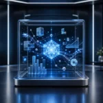 Centered AI business intelligence hub with connected data streams and decision signals in a modern analytics room.