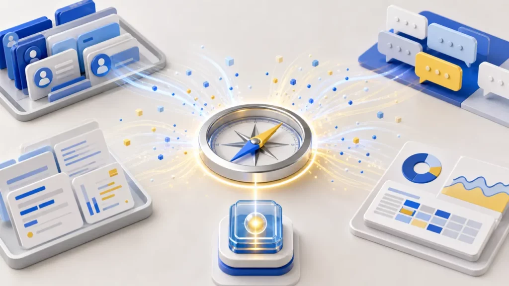 Multiple business data sources converging into a clear decision compass on a strategy table.