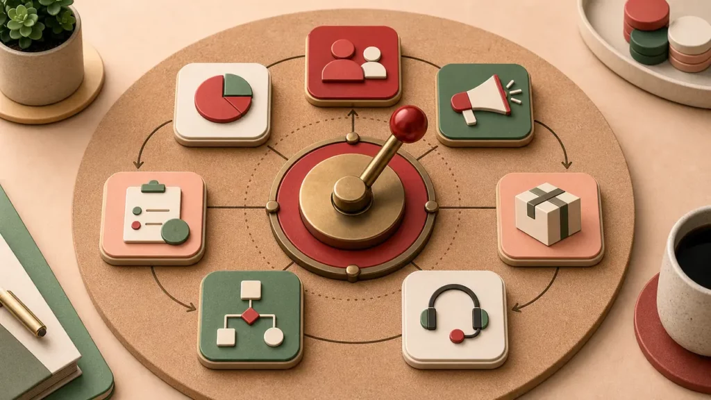 Recurring business decision tiles orbiting a central action lever for AI-supported use cases.