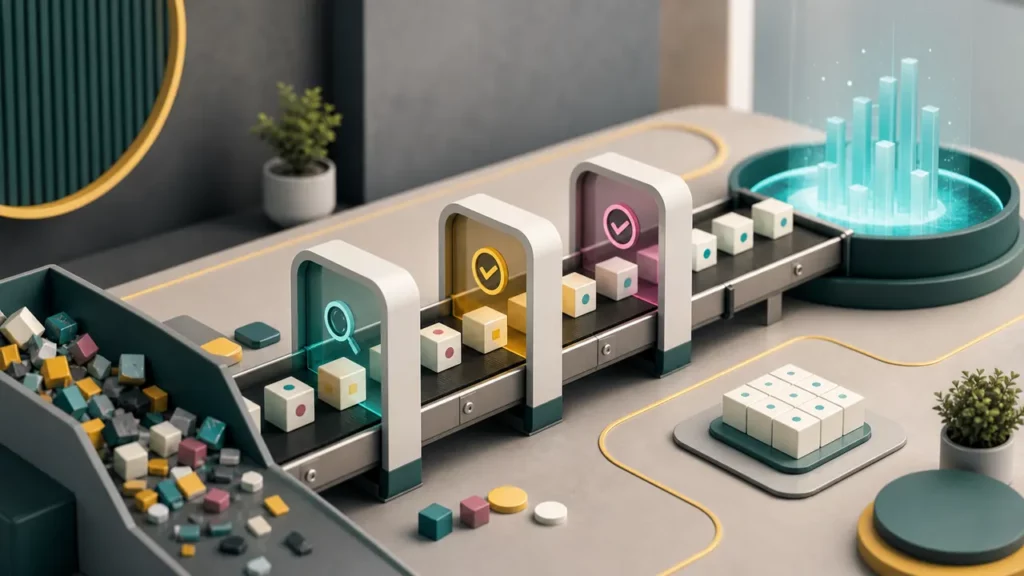 Standardized workflow conveyor turning messy operational data blocks into clean analytics inputs.