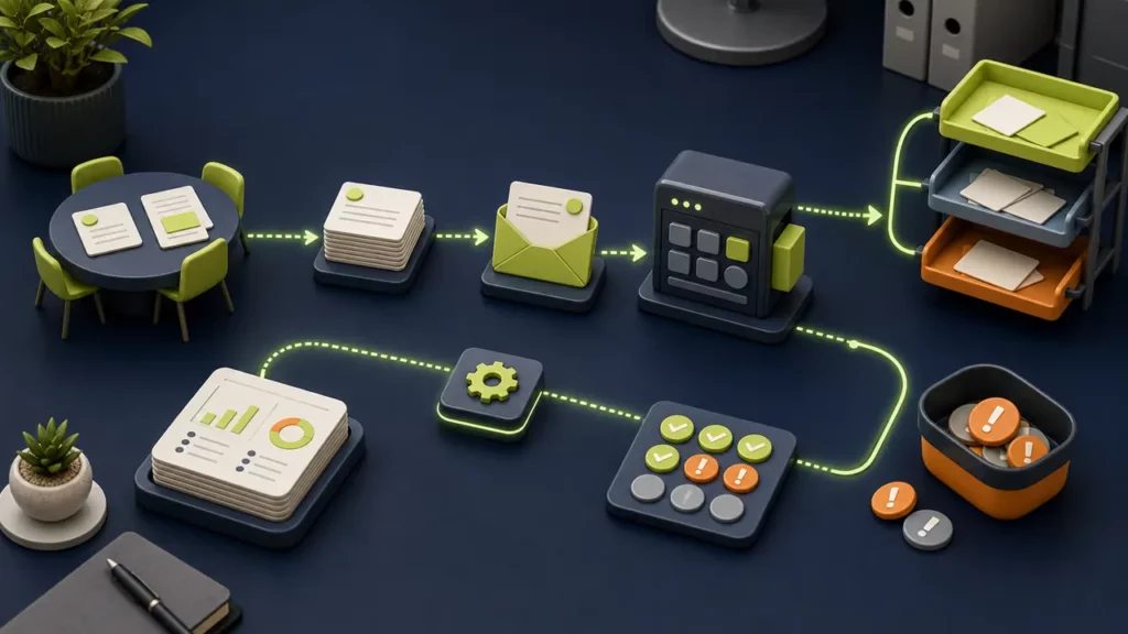 Automated task path connecting meeting notes, follow-ups, records, routing, summaries, and data checks.