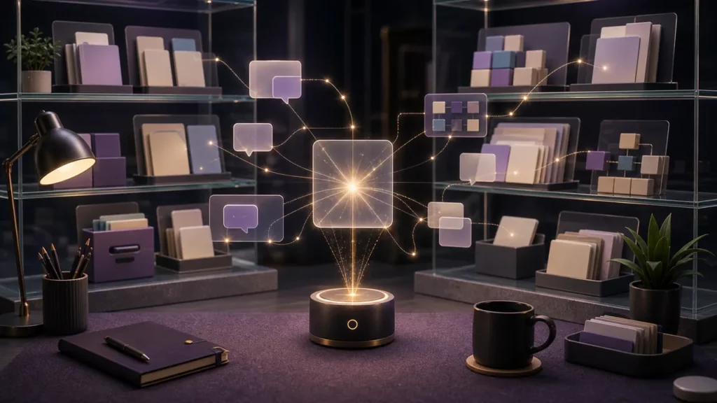 Knowledge management shelves with blank information objects connected by an AI search beam.