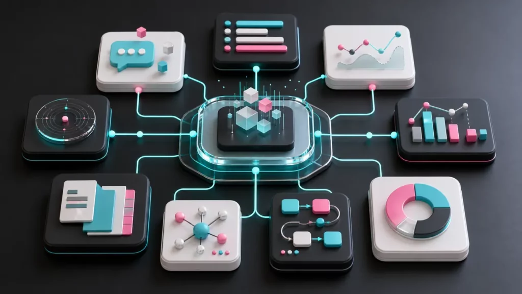 Modular AI business intelligence tool blocks connected to a central analytics platform.