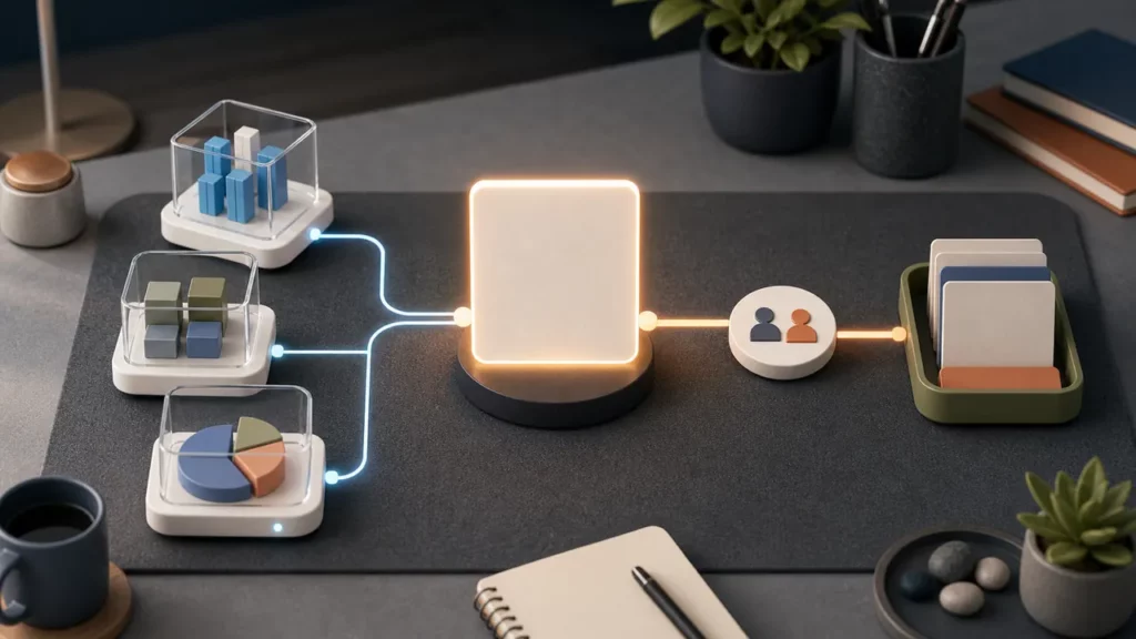 A focused AI-at-work setup with one central decision card connected to data sources and review steps.