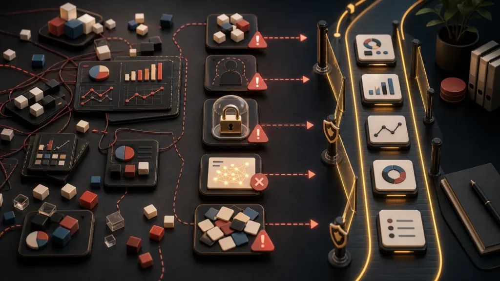 Common AI business intelligence risks being sorted from messy data and unchecked outputs into a guarded workflow.