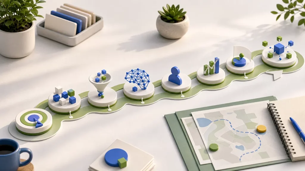 Step-by-step AI business intelligence roadmap shown as blank milestone stones across a clean planning table.