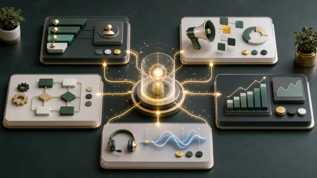 Connected department stations sending signals into a central decision light for faster business action.