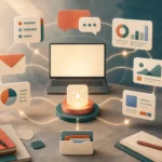 Illustrated workplace hub with AI-connected notes, reports, emails, and research cards around a central workflow.