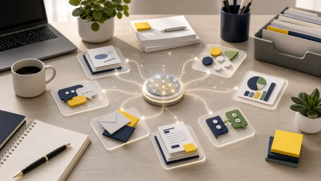 Everyday office work objects connected by subtle AI paths across notes, reports, emails, and documents.