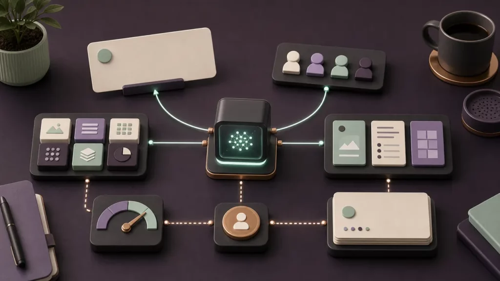 Practical AI assistant setup with context blocks, blank request card, quality gauge, and review checkpoint.