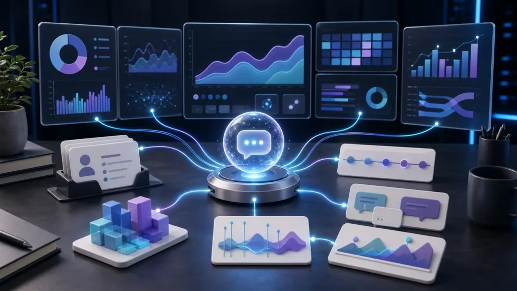Business intelligence workspace connecting abstract dashboard signals to a central conversational insight orb.