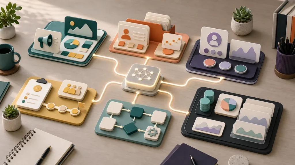 Cross-functional AI workflow connecting marketing, sales, customer success, HR, operations, and finance stations.