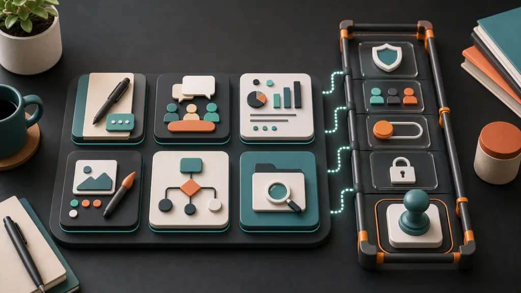 AI tool modules arranged beside policy guardrails to show choosing tools by job and safety needs.