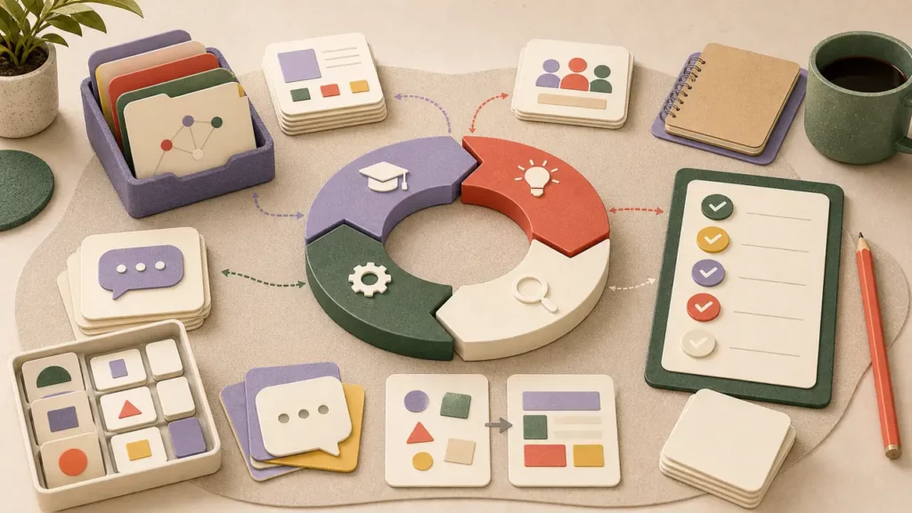 Team AI training materials arranged around a learning loop with blank practice cards and prompt library folders.