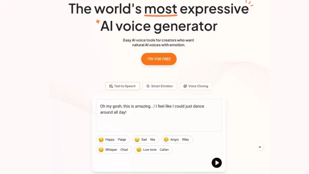 A webpage screenshot for an AI voice generator featuring the headline "The world's most expressive AI voice generator" and an interactive text-to-speech interface.