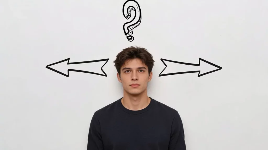 A young man stands in front of a white wall with a drawn question mark over his head and two arrows pointing in opposite directions, symbolizing a difficult choice or dilemma.