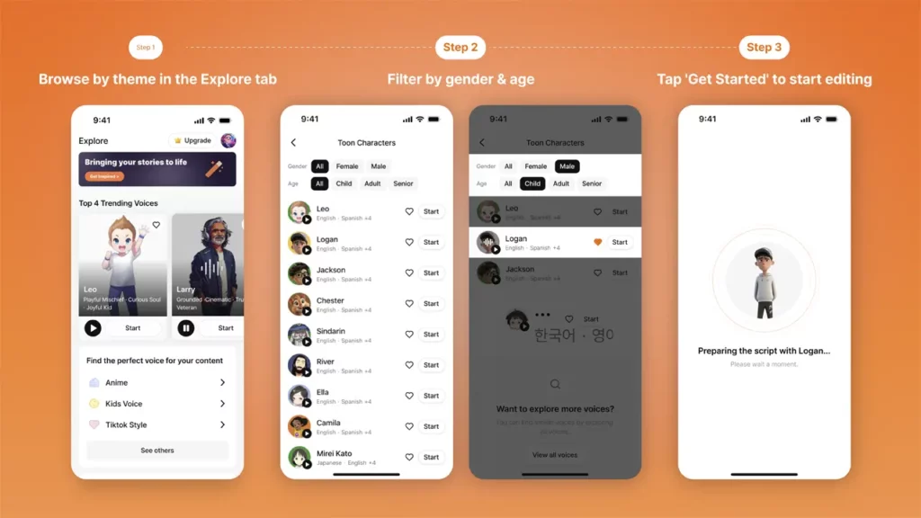 A step-by-step guide on how to use AI voices on Typecast's mobile app.