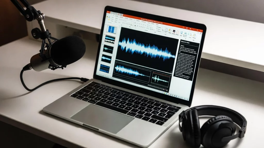 A laptop displaying audio waveforms on its screen next to a studio microphone and headphones on a desk.