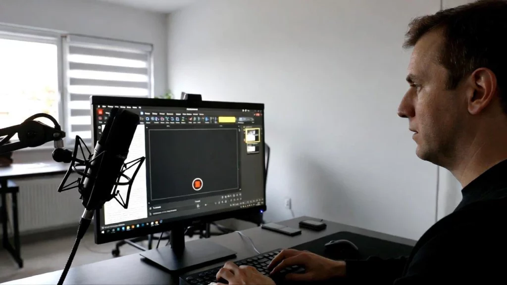 Side profile of a man sitting at a desk with a microphone, looking at a computer monitor screen.