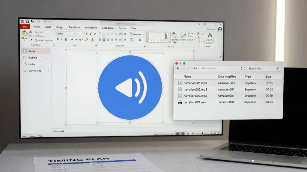 A computer screen displaying a slide with an audio icon, flanked by an overlay list of audio files and a laptop.