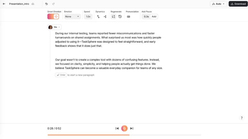 A software interface showing text controls, script paragraphs, and an audio playback bar at the bottom.