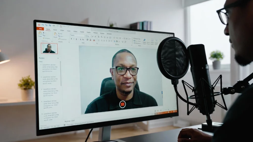 A person sitting in front of a monitor displaying a presentation recording feed and a studio microphone.