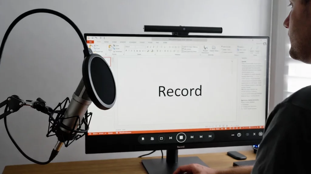 A setup with a studio microphone facing a monitor showing a slide with the word "Record".